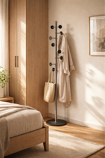 MARIA HOMES Stylish Grey Floor Standing Coat Rack Organizer with 8 Hooks and ...