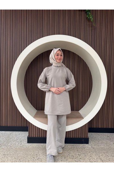 AYSUN AYDEMİR Pearl Detailed Casual Top and Bottom Two-Piece Hijab Tracksuit Set