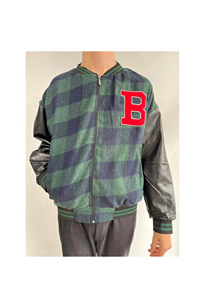 Narnuga    Gingham Pattern Embroidered College Jacket - Khaki