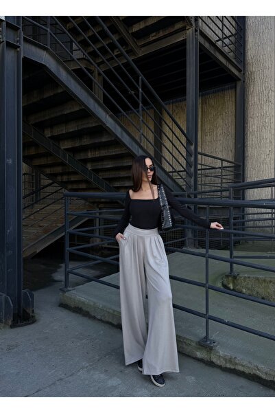 Fav Style Women's High Waist Wide-Leg Pleated Detailed Fabric Trousers Beige