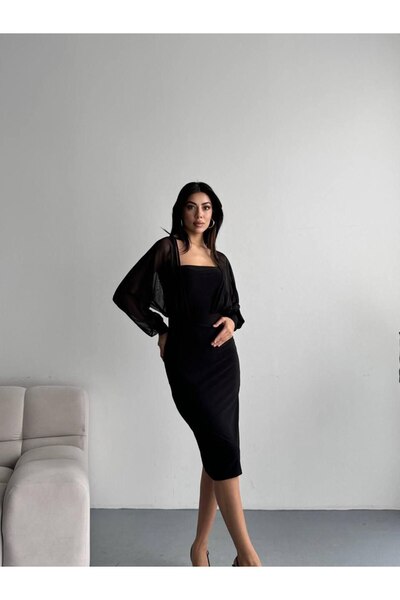 LİFERA Sheer Sleeve Midi Pencil Dress - Premium Bodycon Stylish Dress for Eve...