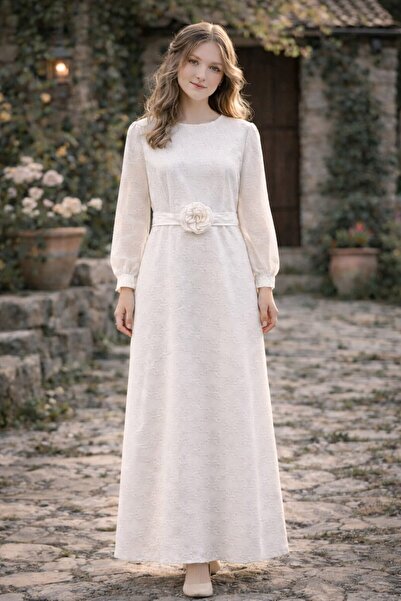 Tarz Çocuk فستان أبيض طويل الأكمام للفتيات قماش جاكار بأكمام طويلة لمناسبات خ...