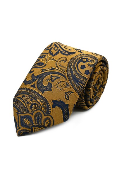 Sade Kravat Yellow Navy Blue Shawl Patterned Special Woven Tie 33191 Yellow