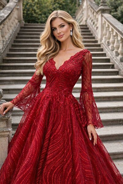 Sibelse Gelinlik Royal Red Prenses Elbise – İşlemeli Uzun Kollu Abiye