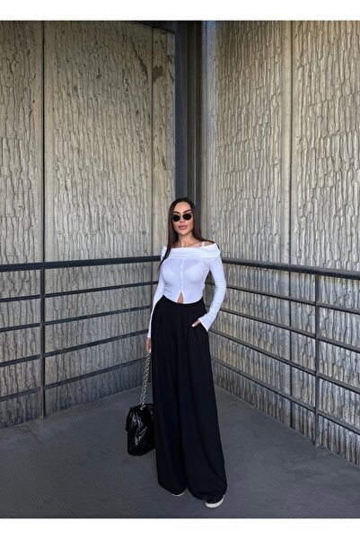 Fav Style Women's High Waist Wide-Leg Pleated Detailed Fabric Trousers Black