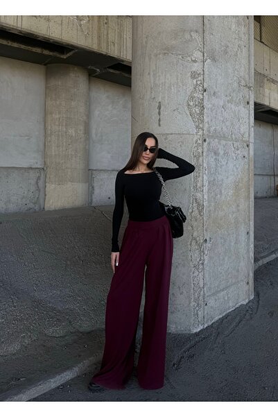 Fav Style Women's High Waist Wide-Leg Pleated Detailed Fabric Trousers Claret...