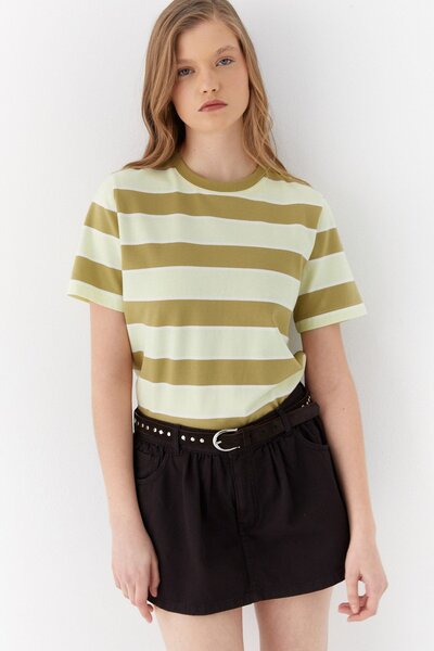 MARKALİSTE Ριγέ Βαμβάκι Μπλουζάκι Χακί