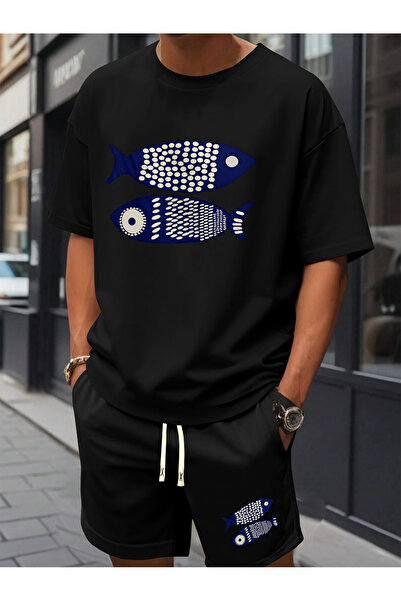 Rayan & Hoor Style Black Printed Oversized Unisex Shorts-Tshirt Set