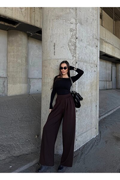 Fav Style Women's High Waist Wide-Leg Pleated Detailed Fabric Trousers Brown