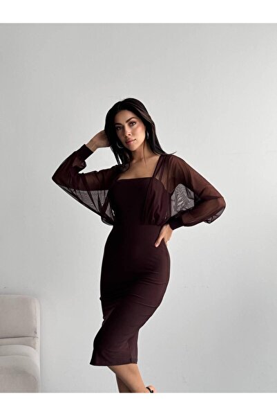 LİFERA Sheer Sleeve Midi Pencil Dress - Premium Bodycon Stylish Dress for Eve...