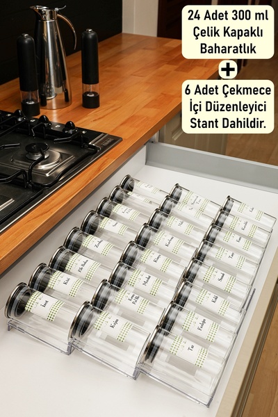 moontime alaçatı Cam Baharatlık Seti, 6'lı Stand ve 24 Adet Kavanoz, 300ml
