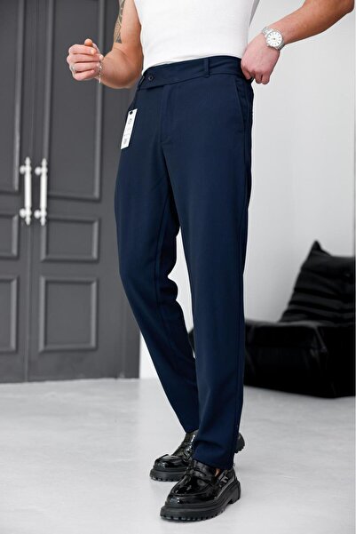 Ser Joven Men's Navy Blue Slim Fit Lycra Side Pocket Ankle Length Plain Fabri...