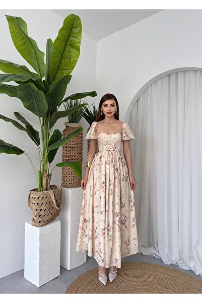 ETİKAFASHION Kare Yaka Korsaj Midi Elbise