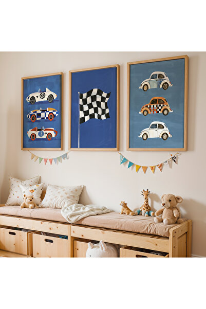 Artiera 3 Parça Yarış Arabaları Erkek Çocuk Odası Ahşap Çerçeveli Tablo Seti