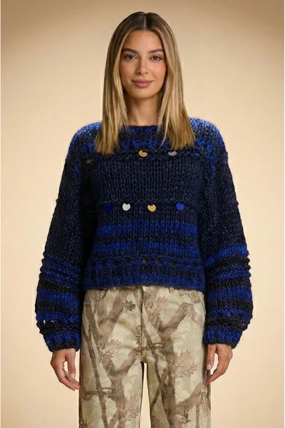 Tanem Çarşı Women's Sweater with Sequins and Special Design Oversized Hand Kn...