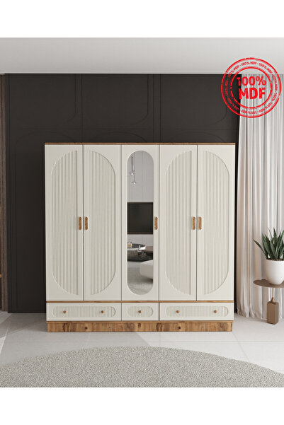 Teen & Bright SOHO 5 KAPAKLI ÇEKMECELİ BAZALI GARDIROP - TAMAMI MDF