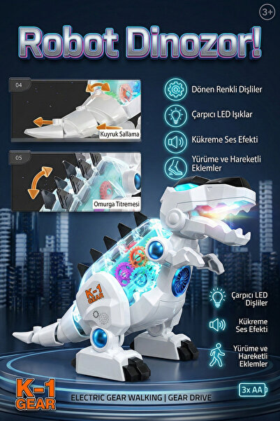 craftivio Vardem Oyuncak K-1 Gear Şeffaf Gövdeli Işıklı Sesli Yürüyen T-Rex R...