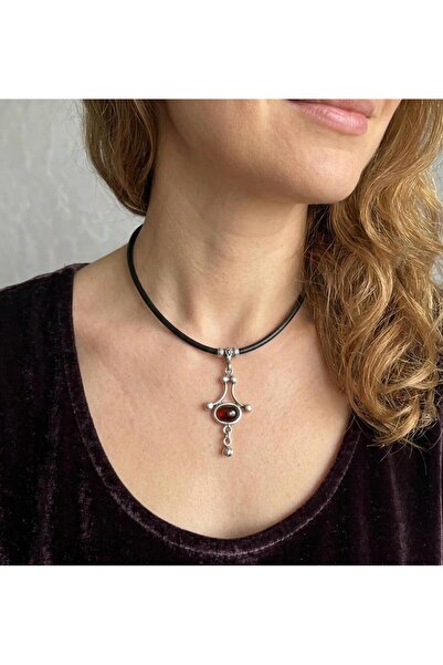 Vintage Takıhane Vintage otantik bohem etnik deri siyah ipli kolye kırmızı taşlı