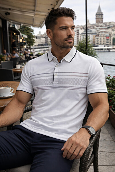 Maccali Ανδρικό βαμβακερό μπλουζάκι με μοντέρνο σχέδιο, άνετο λευκό με λαιμόκ...