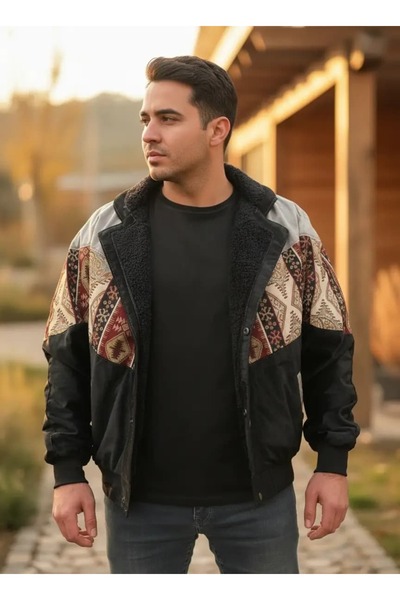 CANMODA (7860) Recien Unisex Fur-Trimmed Yaka Vintage Aztek Jacket Oversized ...