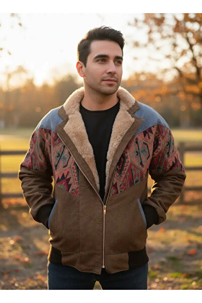 CANMODA (7845) Recien Unisex Fur-Trimmed Yaka Vintage Aztek Jacket Oversized ...