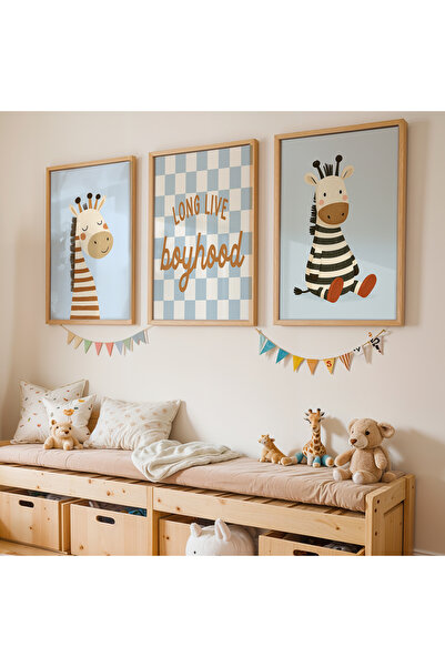 Artiera 3 Parça Safari Zürafa Zebra Erkek Çocuk Odası Ahşap Çerçeveli Tablo Seti