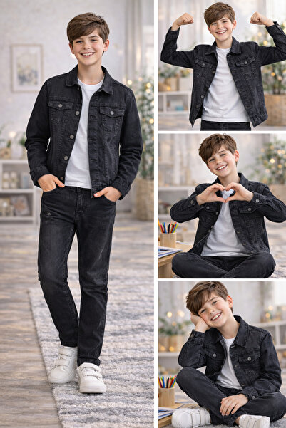 kahkaha kids Erkek Çocuk Siyah Kot Ceket & Kot Pantolon Takım – Slim Fit Deni...