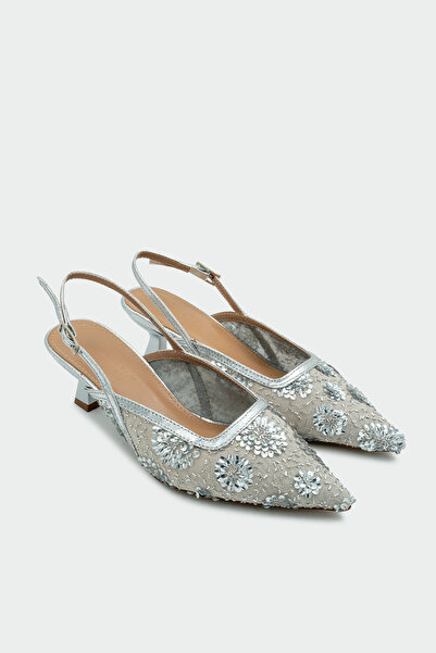 LAMİNTA Shayla Silver Women's Heeled Shoes with Embroidery Detail