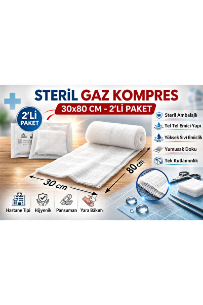 Bezos Steril Gaz Kompres 30x80 cm 2'li 1 Paket Tel Tel Spanç Steril Gazlı Bez...