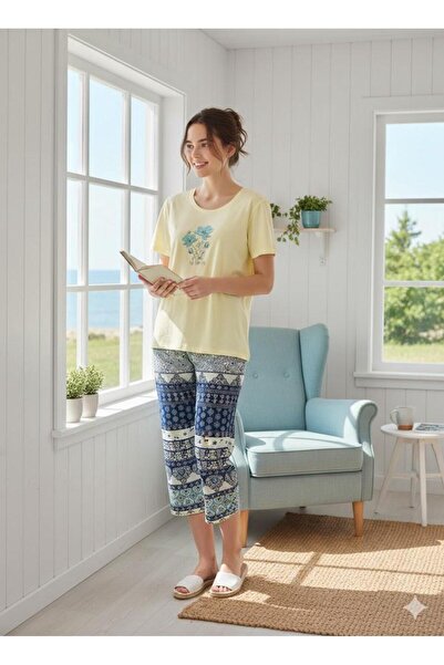 İpek Women's Short Sleeve Capri Crew Neck Patterned 100% Cotton Pajama Set
