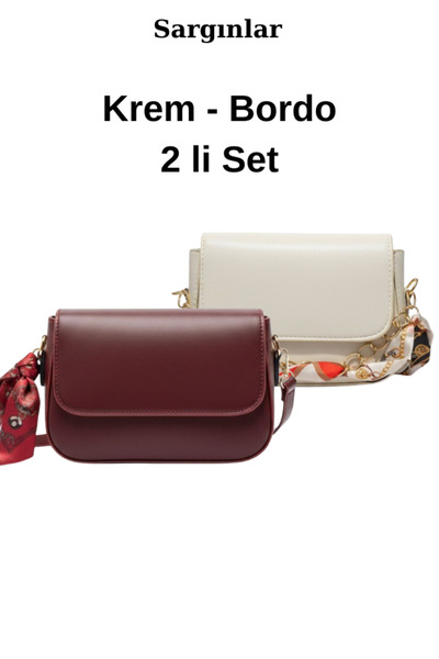 Sargınlar Chain Detail Scarf Cream-Burgundy Set of 2 Hand and Shoulder Bag Sc...