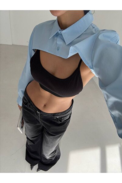 Foola Moda Mavi Oval Kesim Shrug Gömlek