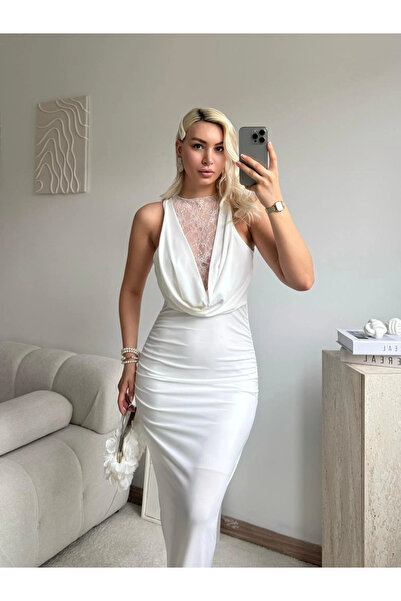 Zora Butik Degaje Yaka Dantel Detay Elbise - BEYAZ