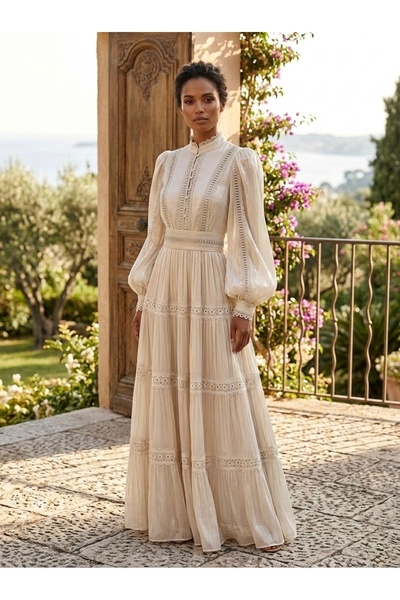 Rabiossa Taş İşlemeli Uzun Kollu Uzun Elbise