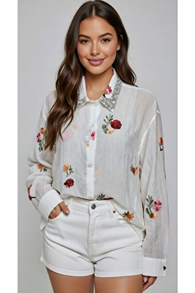 Rabiossa قميص نسائي بياقة مطرزة ونقشة زهور ملونة N مطرز