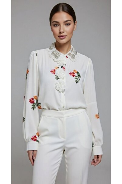 Rabiossa Kadın Dantel Yaka Kristal Taşlı ve 3D Çiçek Aplikeli Gömlek