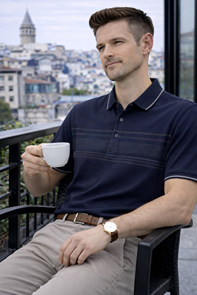 Maccali Men's Cotton in Patterned Comfortable Navy Blue Polo Neck T-Shirt