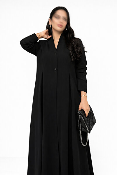 Karmen Haifa's royal crepe abaya in jet black with a quarter-circle cut and e...