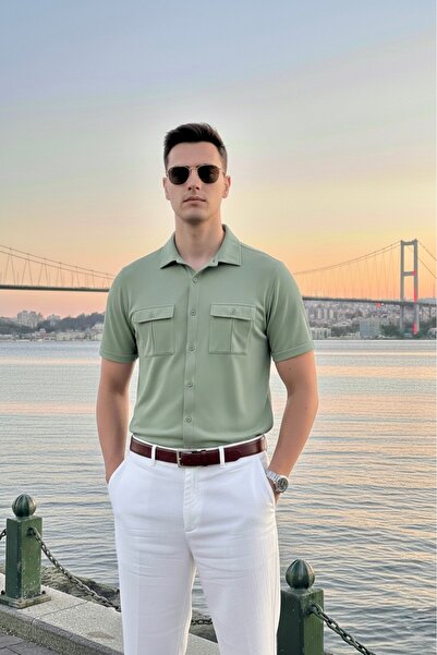 Maccali Men's Trend Mercerized Double Pocket Green Polo Collar T-Shirt