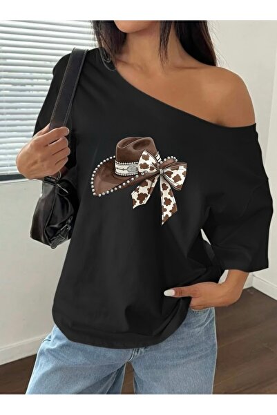 FUFLUNS Ribbon Hat Printed Oversized Women's Boat Neck T-Shirt