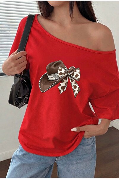 FUFLUNS تي شيرت نسائي ذو ياقة كاياك مطبوع عليه شريط على شكل قبعة كبيرة الحجم