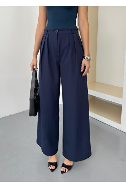 QUASAR Fashion New Season Three Pleated Dok Woven Maş Bol Wide-Leg De Leg Pal...