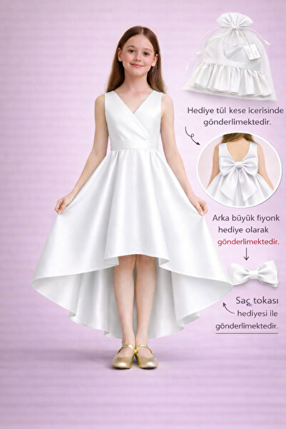 nsmkidslife Λευκό βραδινό φόρεμα για κορίτσια – Διπλό στήθος, ασύμμετρη κοπή,...