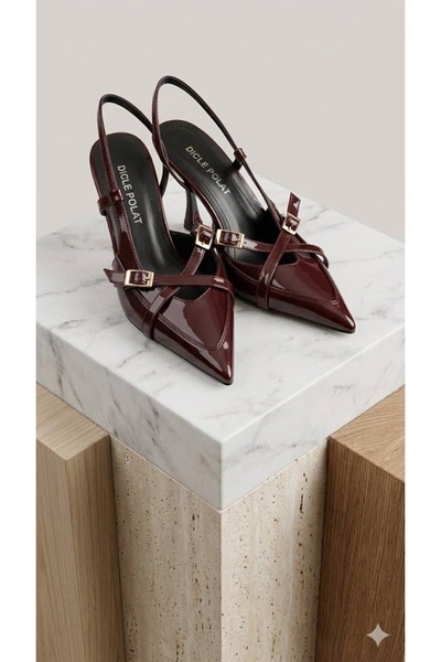 diclepolat Women's Burgundy Wrinkled Patent Leather Pointed Toe Buckled Sling...