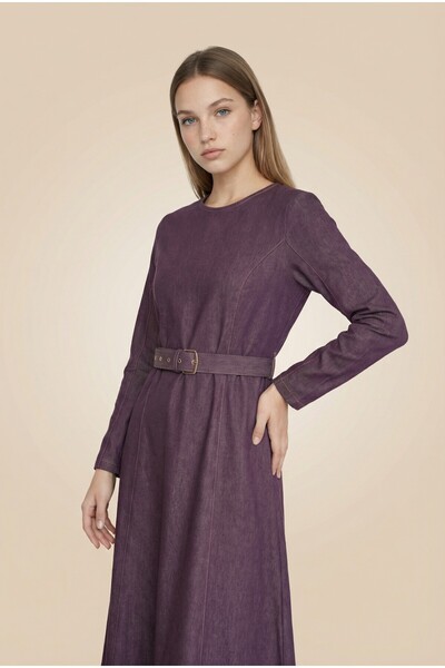 NEFESSE Fermuarlı Kloş Etekli Kemerli Kot Elbise