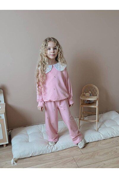 milay's life home collections Girls' 100% Cotton White Collar Stone Detail Tr...