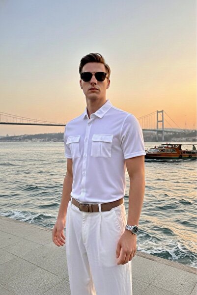 Maccali Men's Trend Mercerized Double Pocket White Polo Collar T-Shirt
