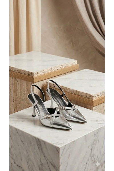 diclepolat Γυναικείο ασημί λουστρίνι με μυτερή μύτη Με αγκράφα Slingback Παπο...