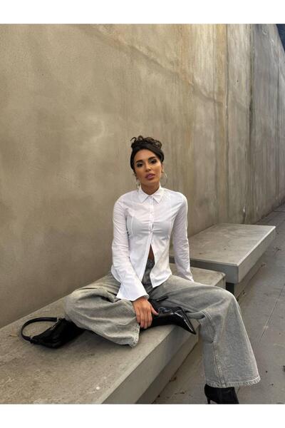 Butik Kadın Slim Fit Dar Kesim İspanyol Kollu Beyaz Gömlek