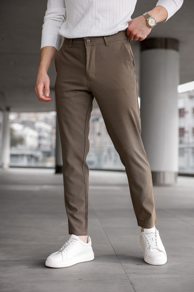 MODAMESTO Muške smeđe Slim fit fit dobby ležerne pantalone